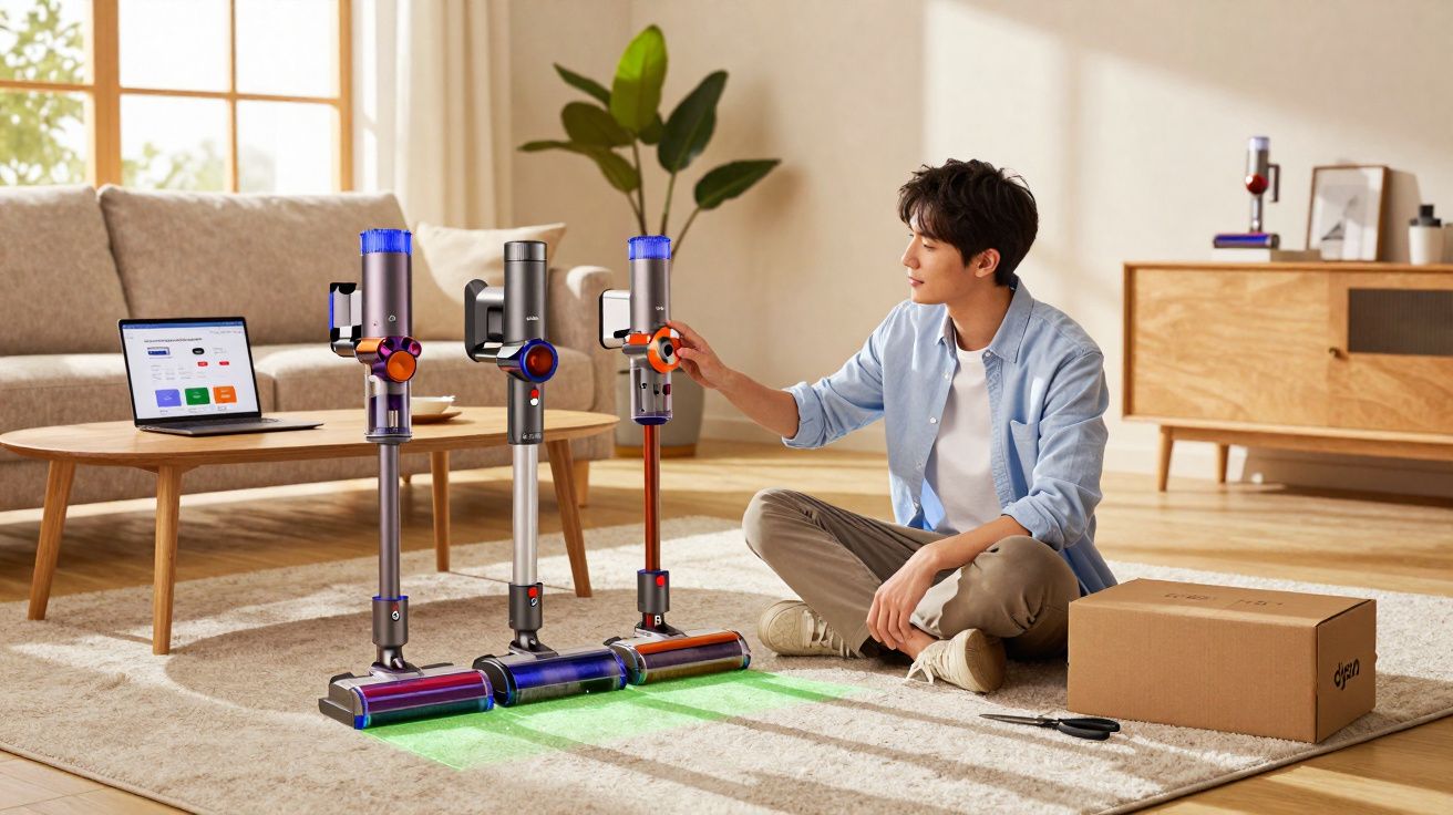 Homem sentado no chão ajustando aspirador vertical Dyson ao lado de outros dois, caixa e laptop na sala.