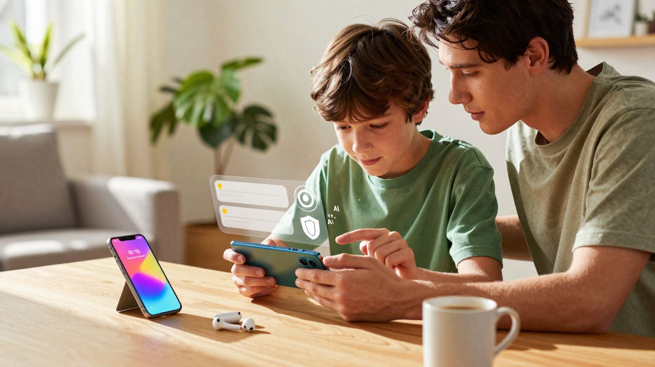 Pai e filho usando smartphone juntos em mesa com fones de ouvido e caneca em ambiente iluminado.