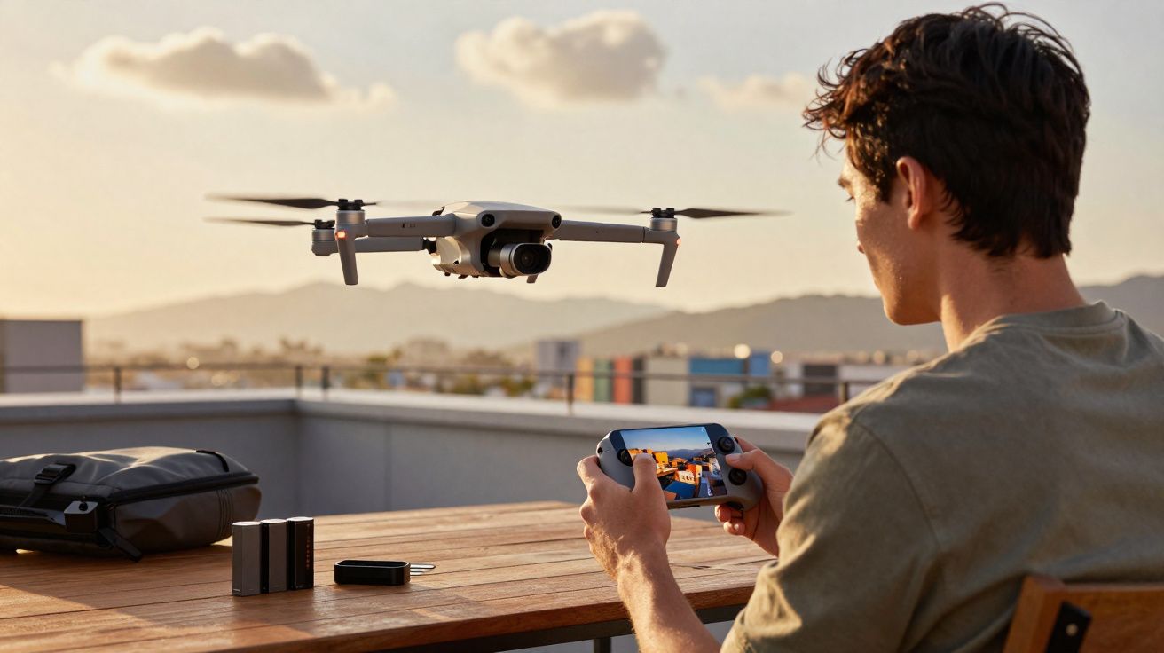 Homem controla drone com controle remoto em terraço ao entardecer com mochila e acessórios sobre mesa de madeira.