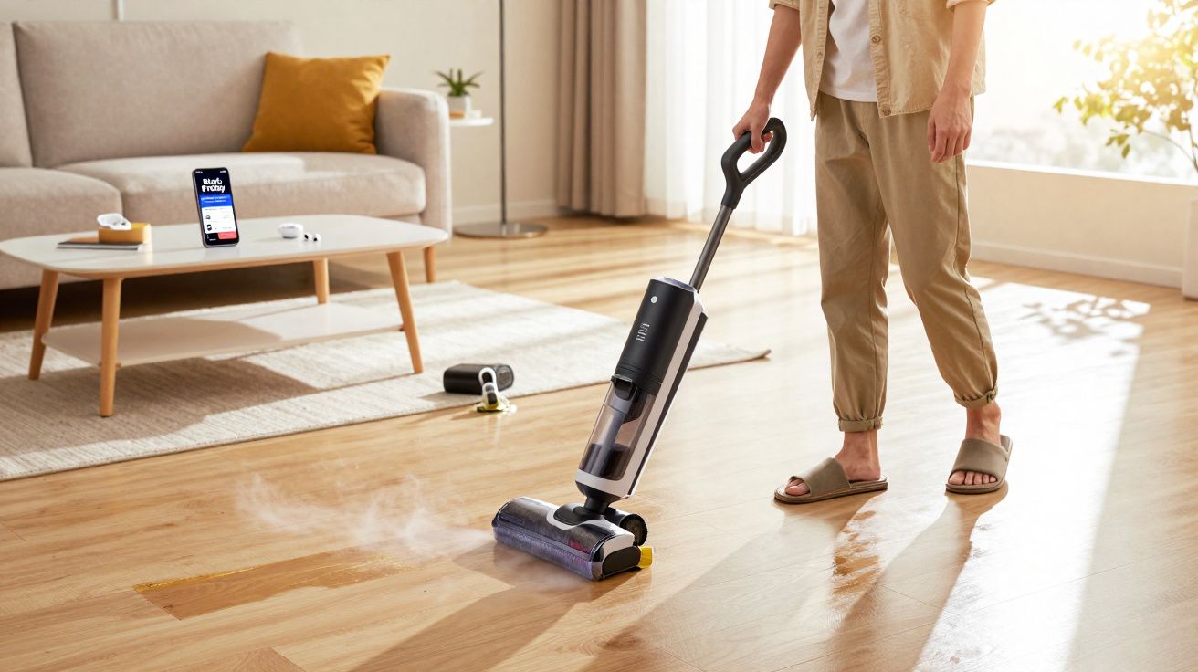 Pessoa aspirando chão de madeira com aspirador vertical em sala iluminada com sofá e mesa de centro.