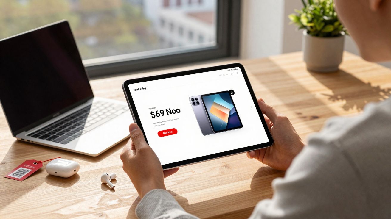 Pessoa segurando tablet com tela de compra online de celular, ao lado de notebook e fones de ouvido sobre mesa de madeira.