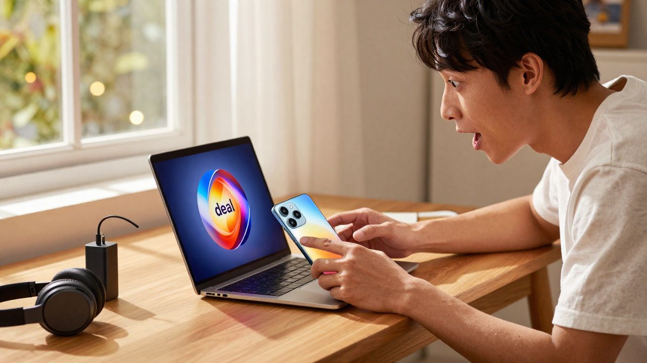 Jovem surpreso olhando para laptop com logo "deal" segurando celular próximo a janela em mesa de madeira.