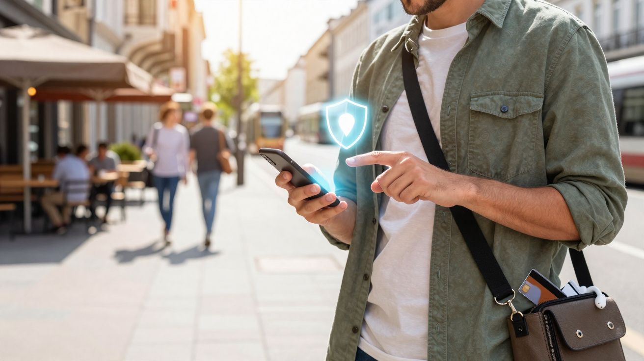 Homem usando smartphone com ícone de escudo de segurança em rua movimentada ao ar livre.