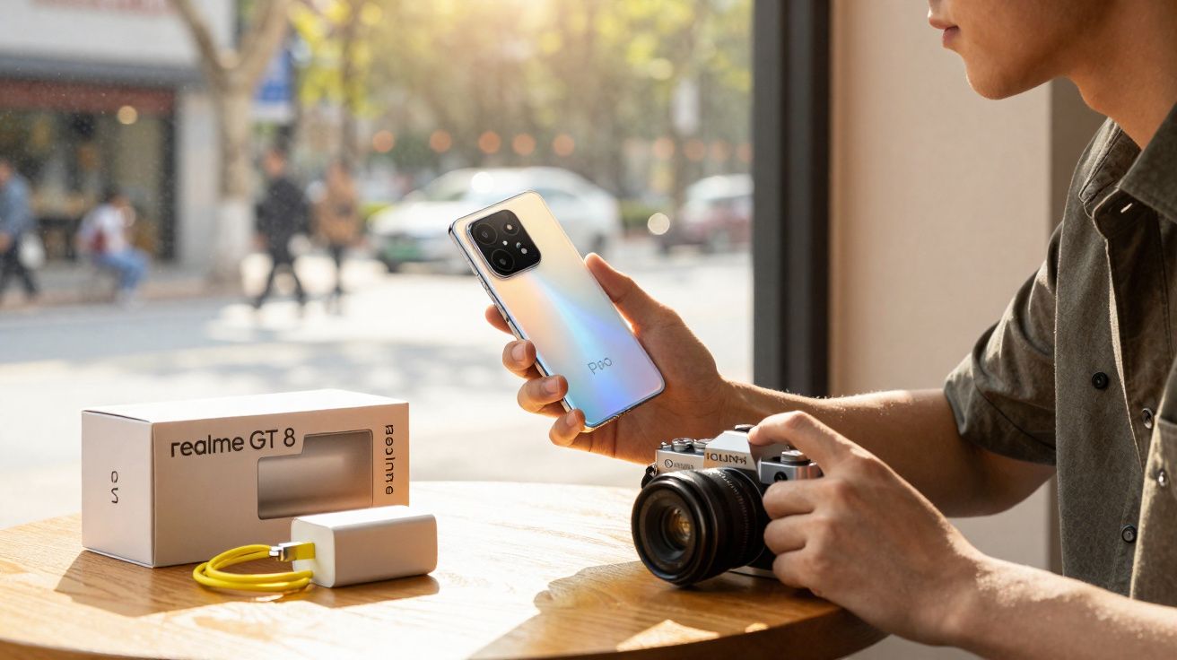 Pessoa segurando smartphone Realme GT 8 com câmera fotográfica sobre mesa perto de caixa e carregador.