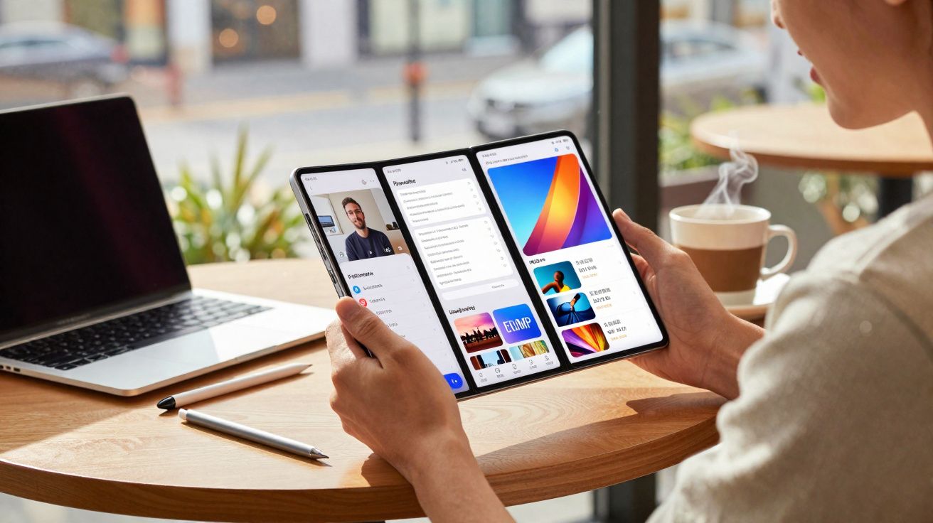 Pessoa usando tablet dobrável em mesa de madeira com notebook, caneta e xícara de café ao fundo.