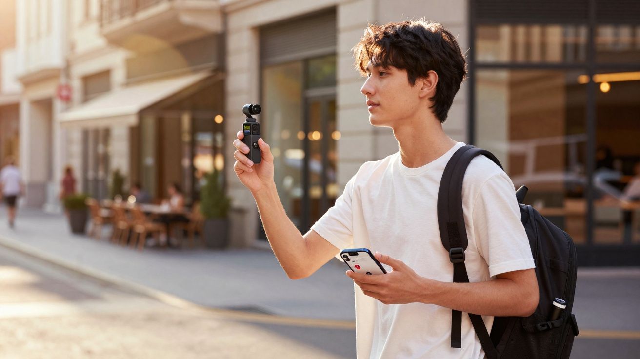 Jovem de camiseta branca e mochila usa câmera portátil pequena na mão em área urbana ao entardecer.