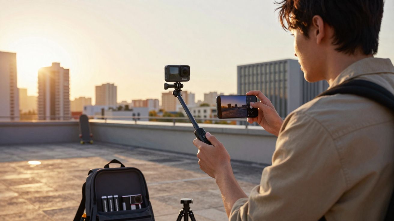 Jovem com mochila utiliza câmera acoplada a bastão para filmar o pôr do sol na cobertura de prédio urbano.