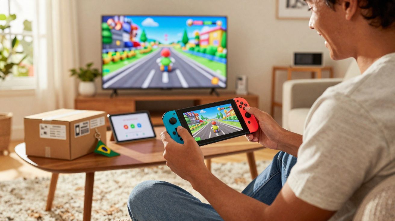 Pessoa jogando videogame portátil com controle azul e vermelho, com jogo exibido também na TV.