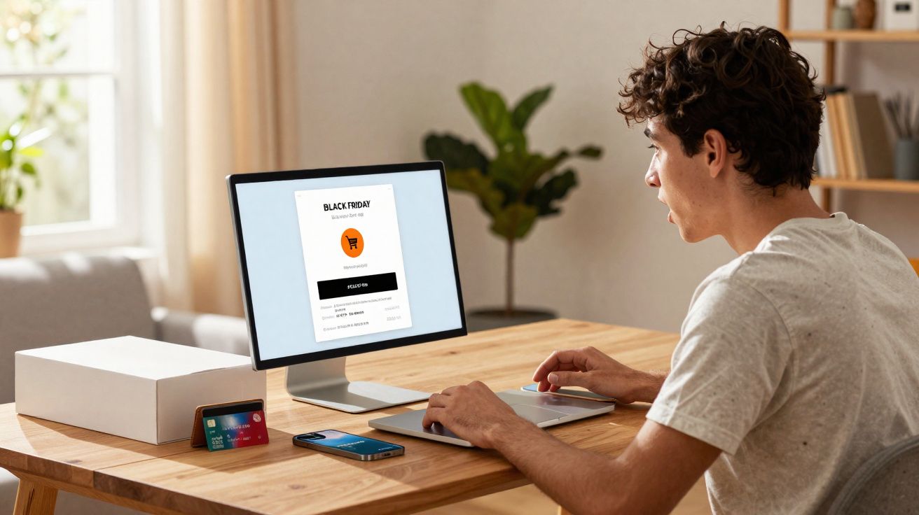 Jovem comprando online em promoção de Black Friday no computador em ambiente doméstico.