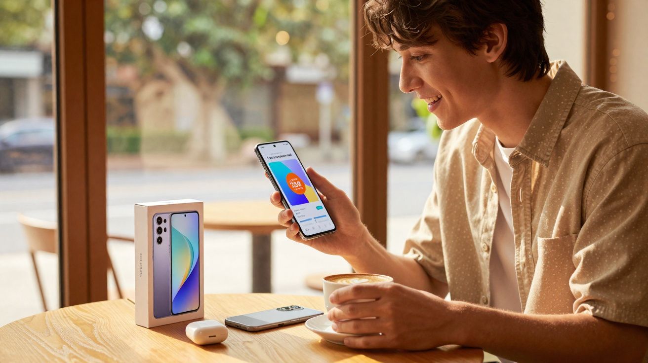 Jovem sorri segurando celular com app aberto, ao lado de caixa de celular, fone e xícara em mesa de café.