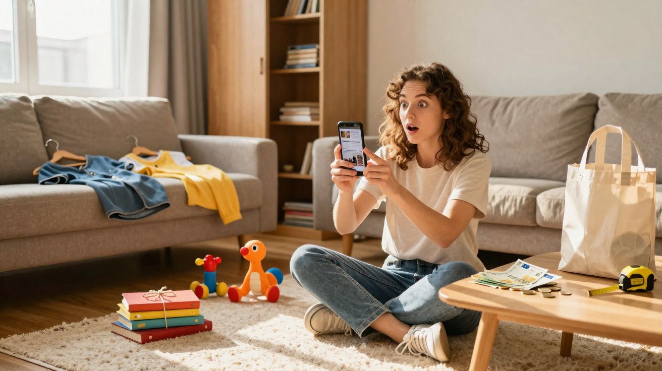 Mulher sentada no chão da sala surpresa olhando para o celular, com roupas e brinquedos ao redor.
