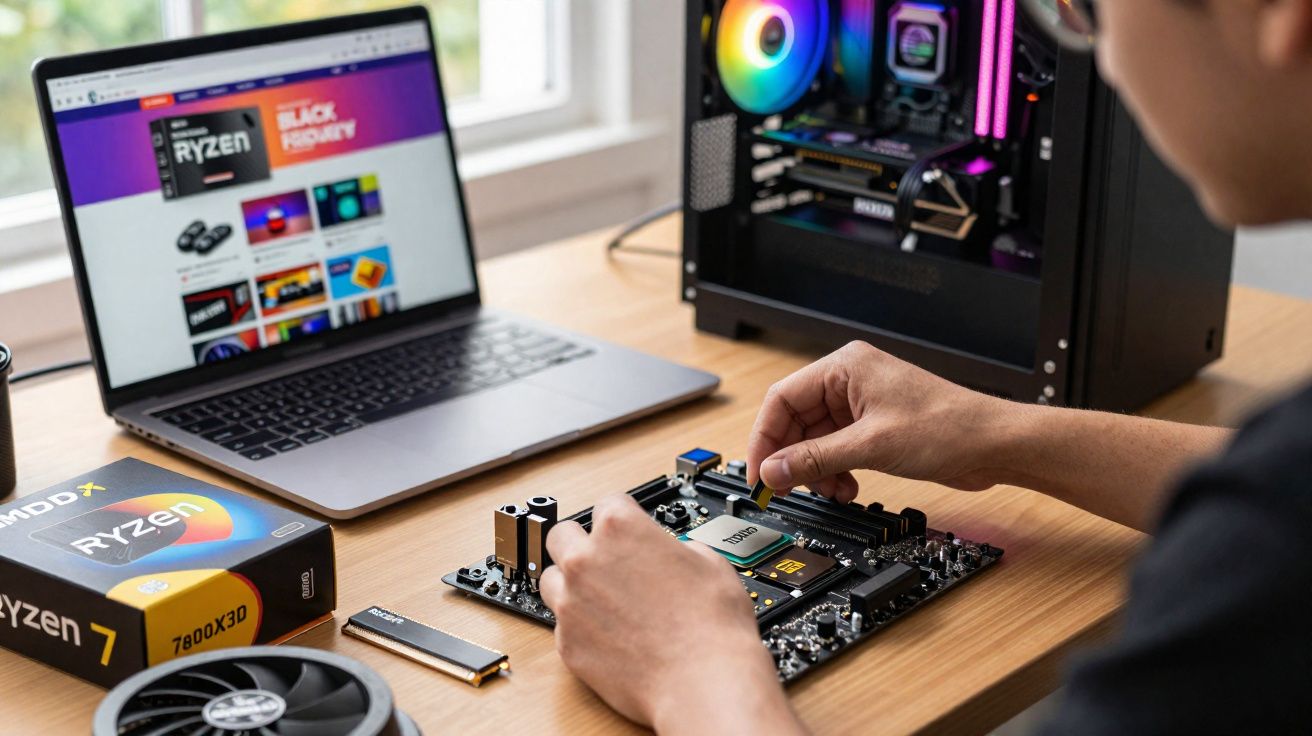 Pessoa instalando processador em placa-mãe com computador aberto, laptop e embalagem Ryzen 7 na mesa.
