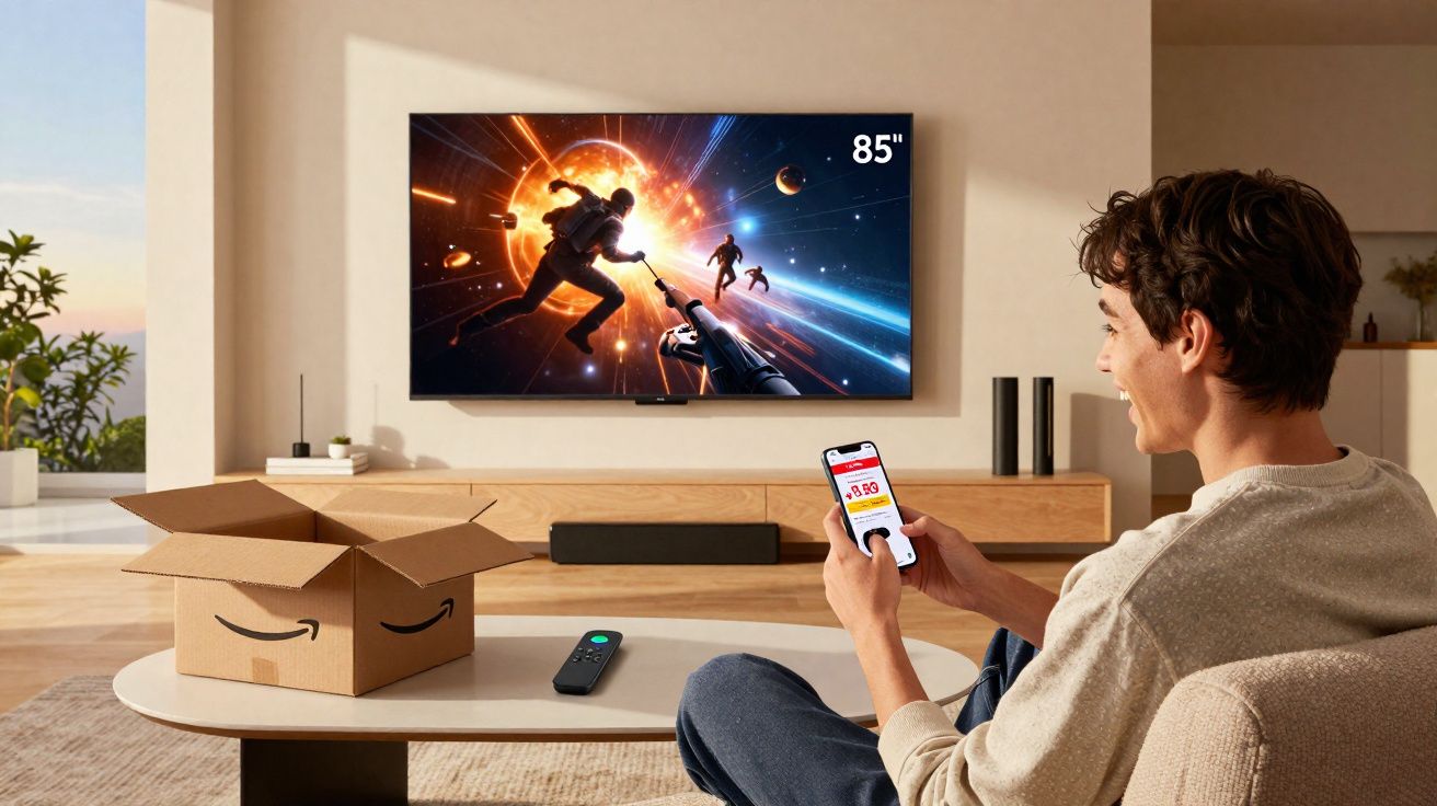 Homem sentado em sala moderna vê TV 85" com jogo de ação enquanto usa celular ao lado de caixa da Amazon aberta.