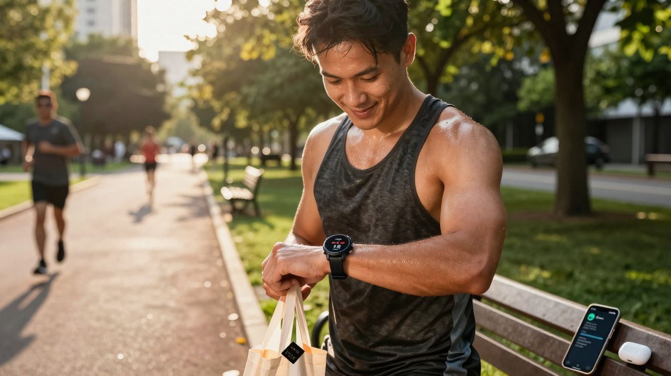 Homem sorridente e suado em camiseta regata preta checando smartwatch em parque urbano ensolarado.