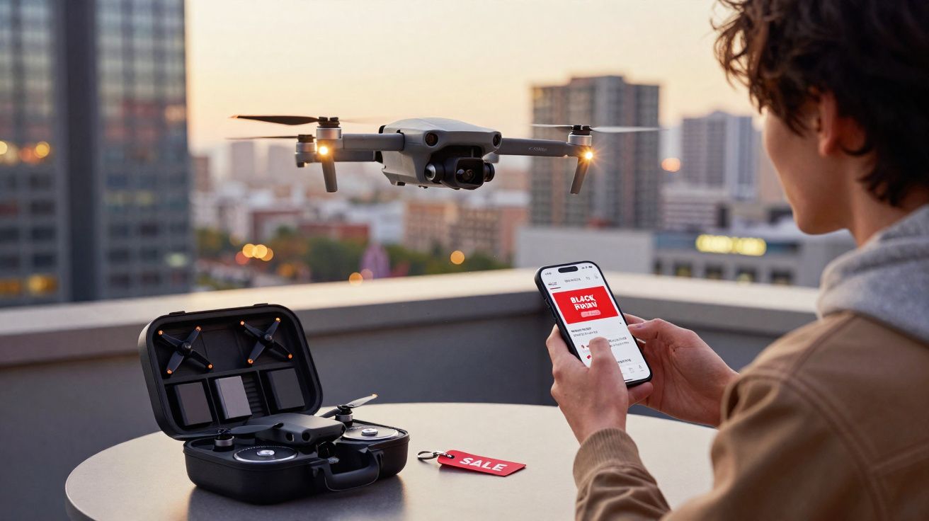 Pessoa controlando um drone cinza voando, com controle e case sobre mesa em área urbana ao entardecer.