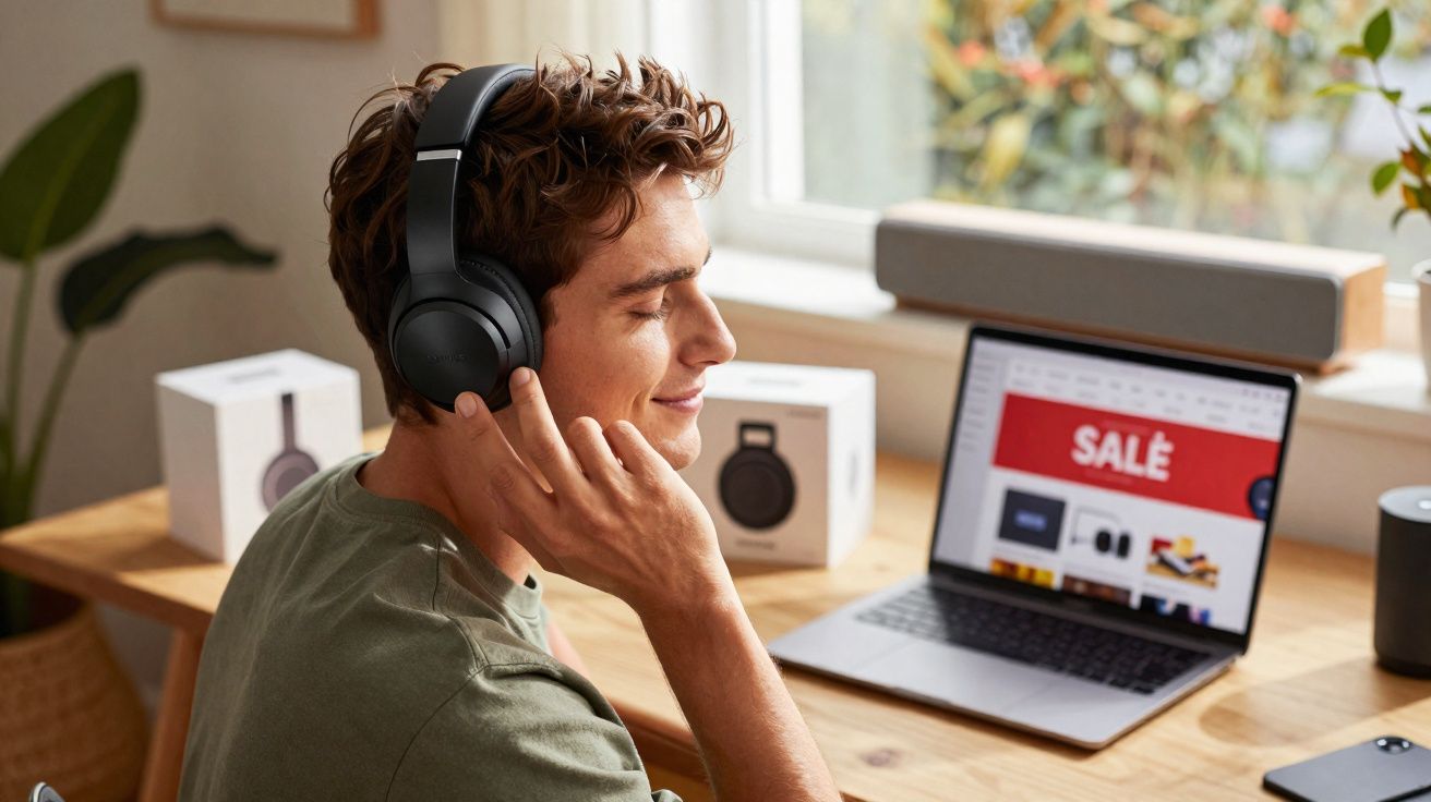 Jovem com fone de ouvido preto ajustando-o, sentado à mesa com laptop aberto em página de promoção.