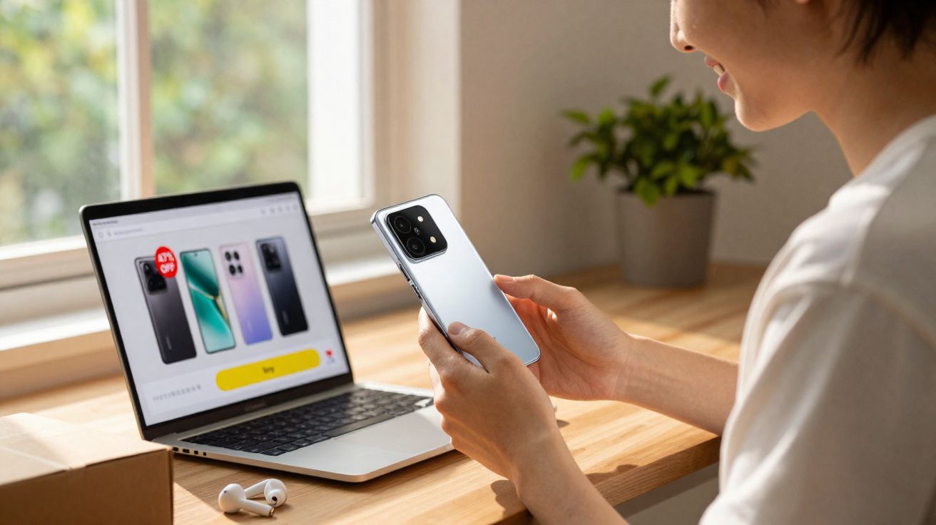 Pessoa segurando smartphone prateado ao lado de notebook exibindo site de compras de celulares.