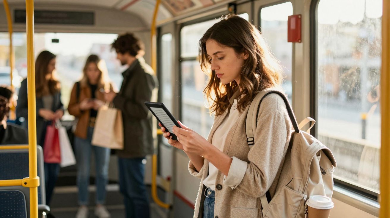 Jovem mulher lendo um e-reader dentro de um ônibus, outras pessoas ao fundo conversando.