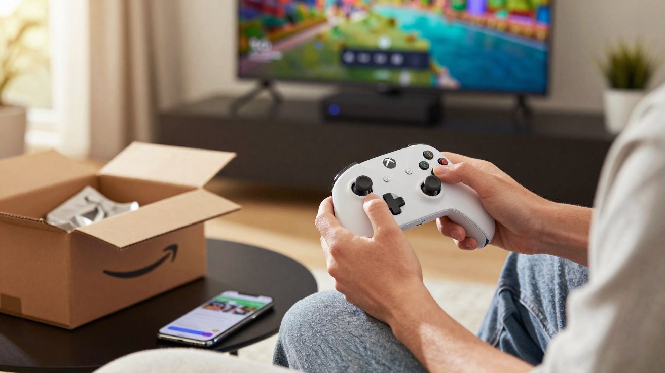 Pessoa segurando controle branco de videogame com TV e caixa da Amazon ao fundo.