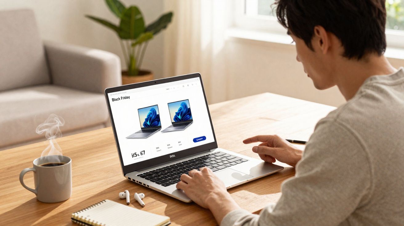Pessoa comprando notebook em promoção de Black Friday pelo computador em mesa com café, caderno e fones.