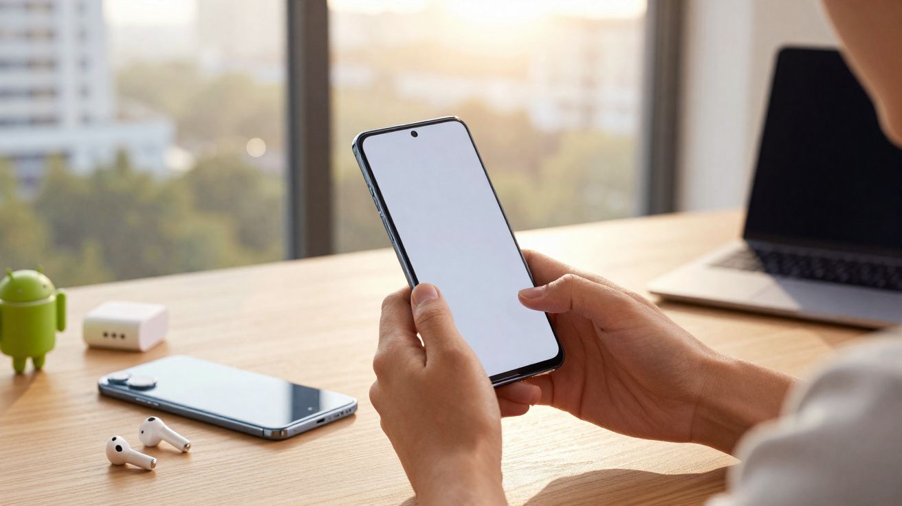 Pessoa segurando smartphone com tela em branco em mesa com fones, outro celular, e laptop ao fundo.