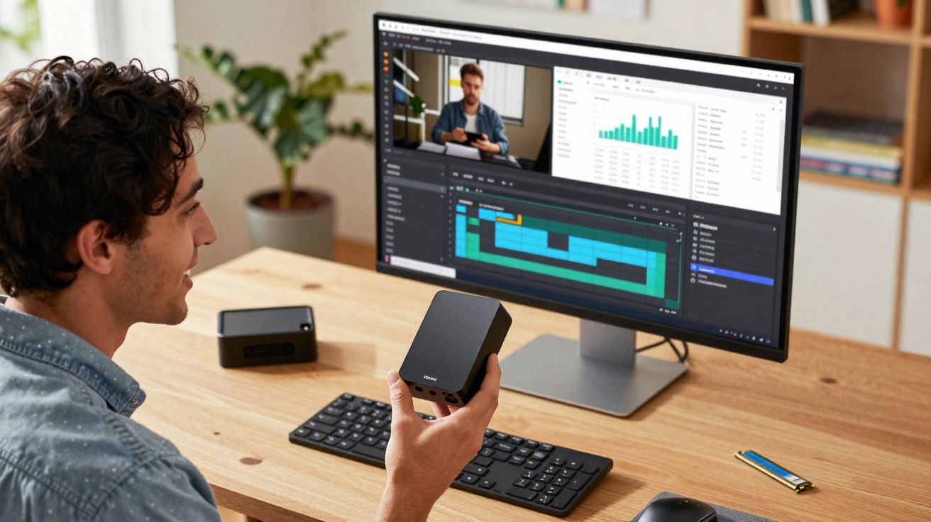 Homem usando desktop assistindo vídeo e analisando gráficos em escritório moderno e organizado.