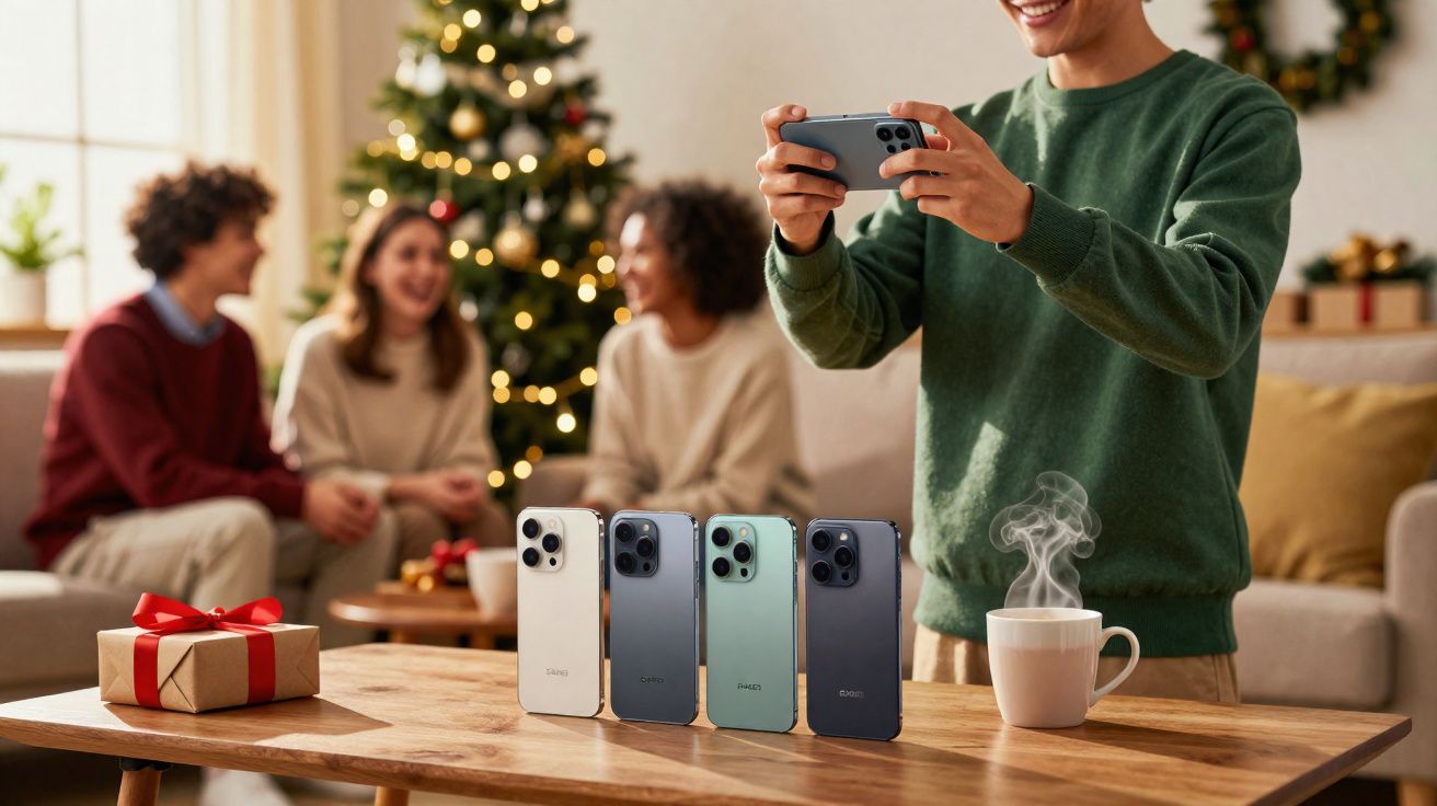 Pessoa fotografando quatro smartphones sobre mesa com presente e caneca, e grupo reunido ao fundo perto de árvore de Natal.