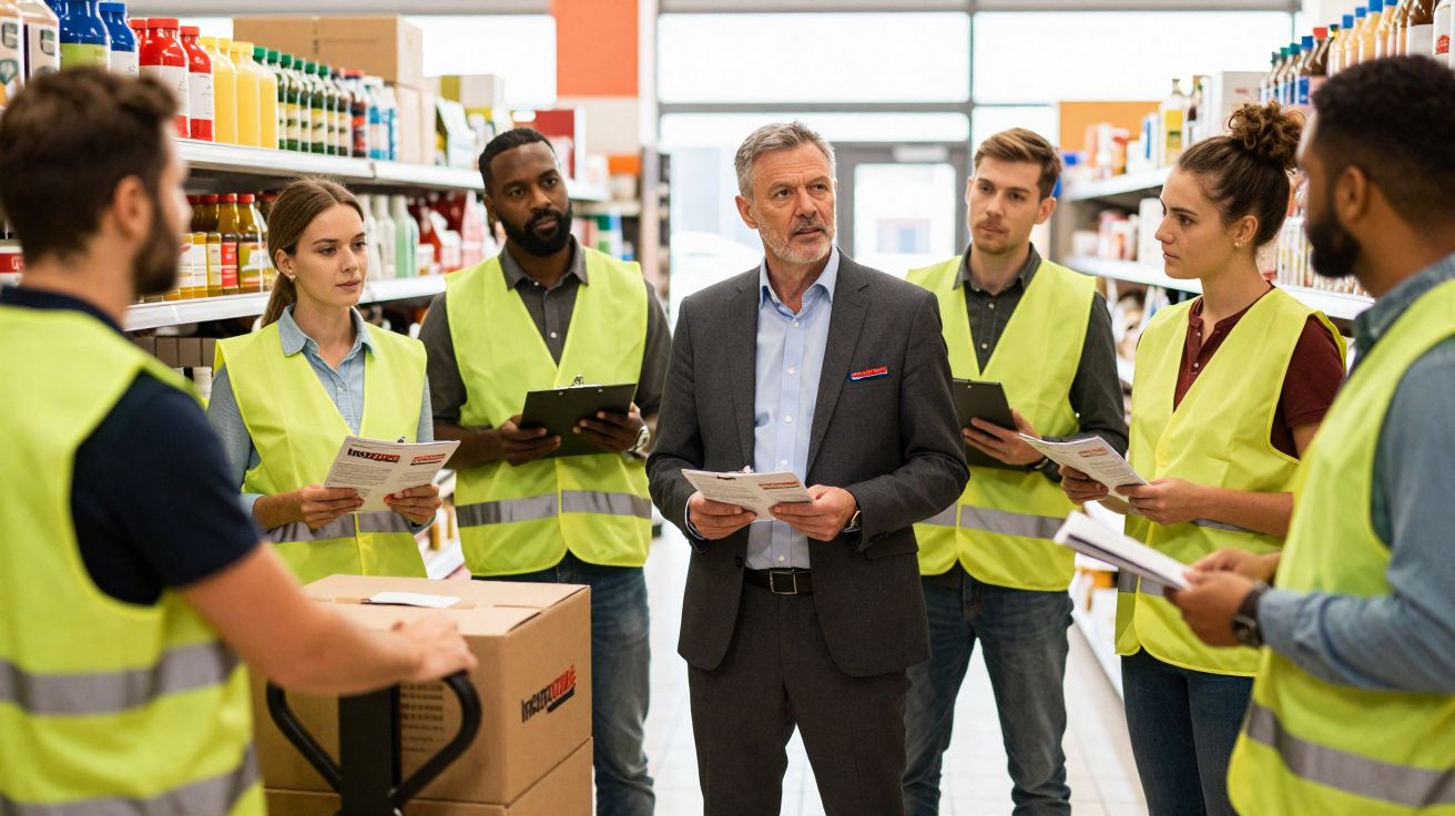 Gerente em terno orienta equipe com coletes refletivos em reunião no corredor de supermercado.