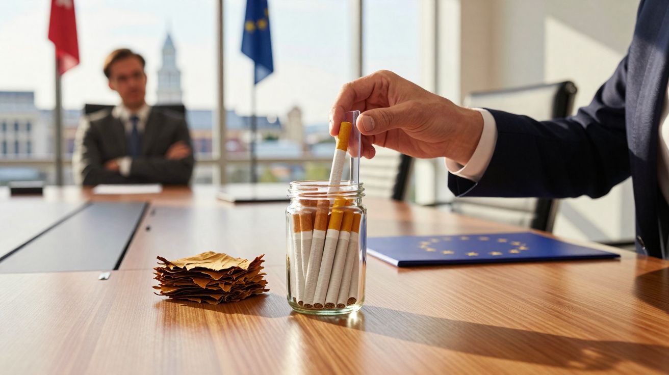 Pessoa pegando um cigarro em pote sobre mesa com folhas secas e homem ao fundo em sala de reunião.