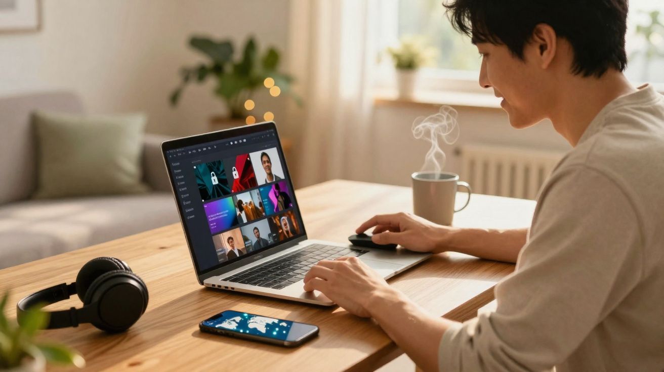 Pessoa usando notebook para videoconferência em ambiente iluminado, com fone de ouvido e celular na mesa.