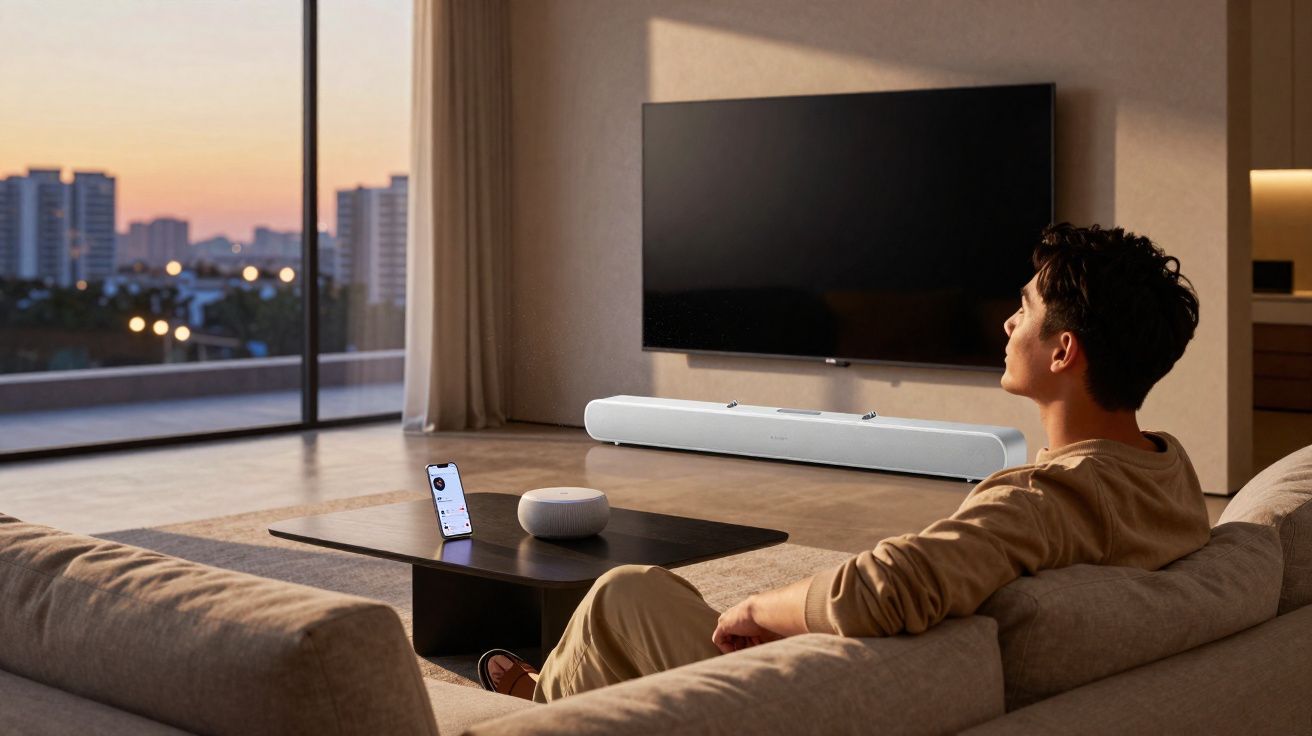 Pessoa sentada no sofá de uma sala moderna com TV, soundbar, celular e dispositivo inteligente na mesa.