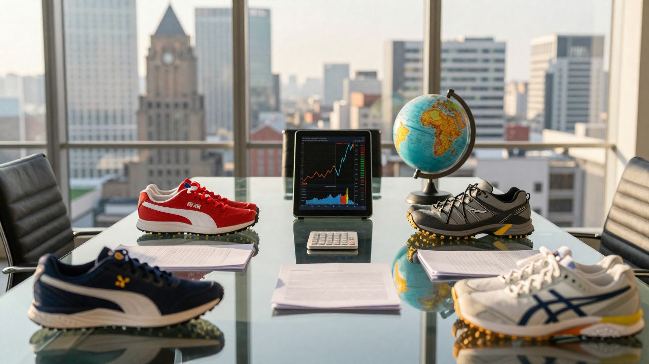 Mesa de reunião com quatro tênis, um globo terrestre, uma calculadora e uma tela com gráfico financeiro.