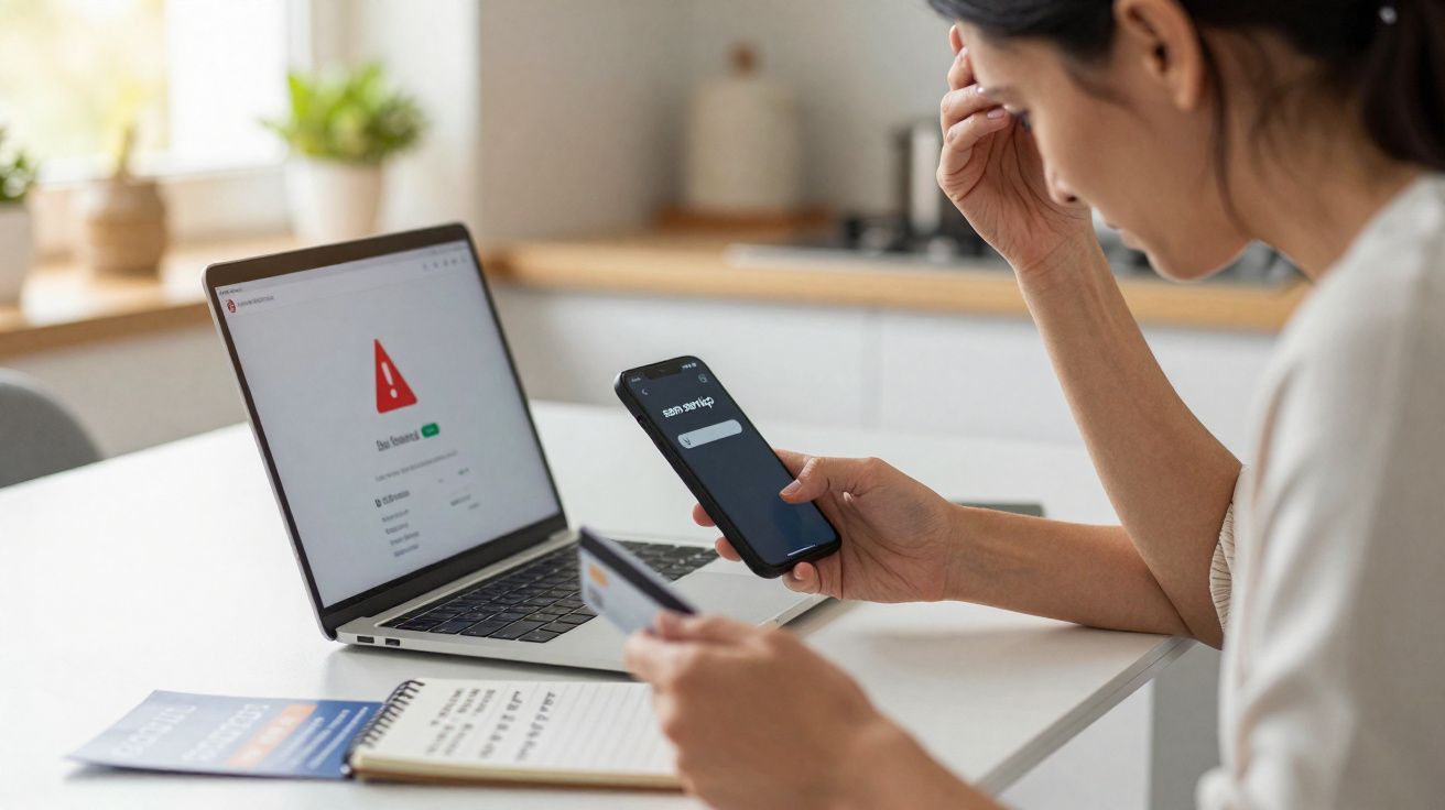 Mulher preocupada com problemas financeiros olhando telefone, cartão e laptop com aviso na tela.