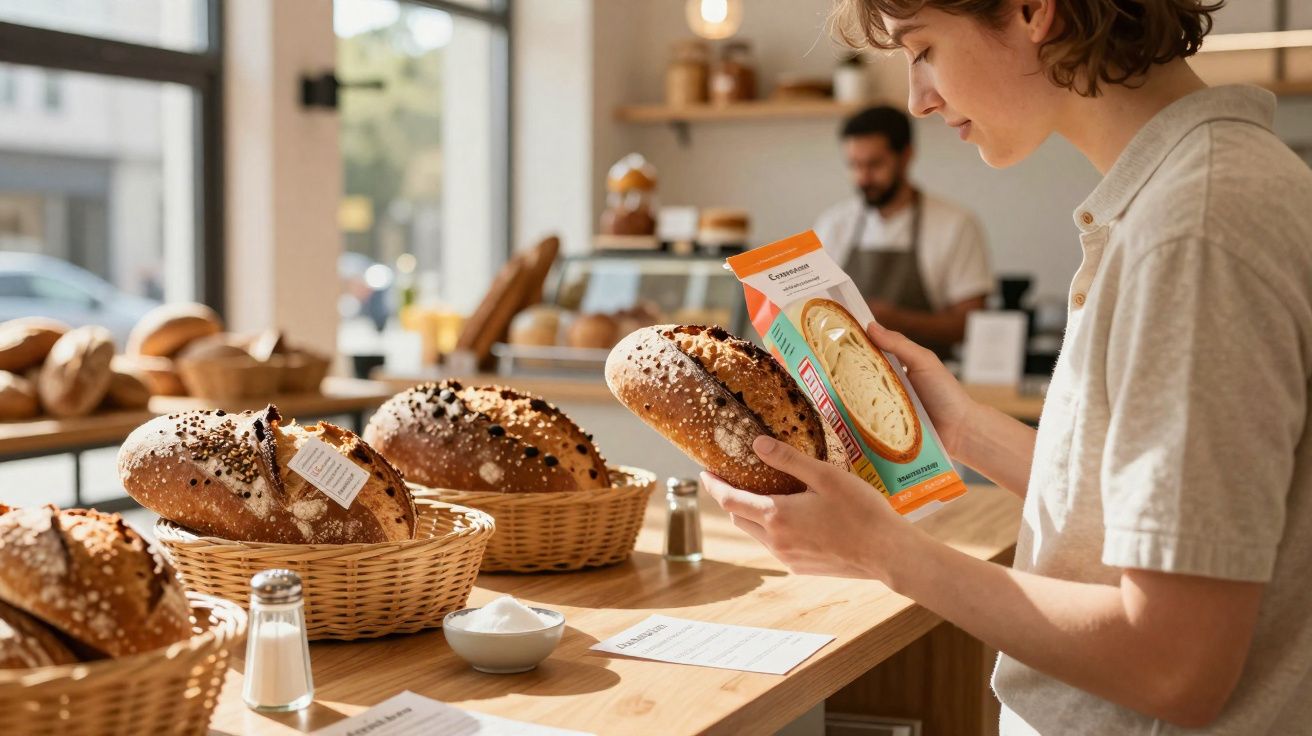 Pessoa escolhendo pão em cesta dentro de padaria com balcão de madeira e atendente ao fundo.