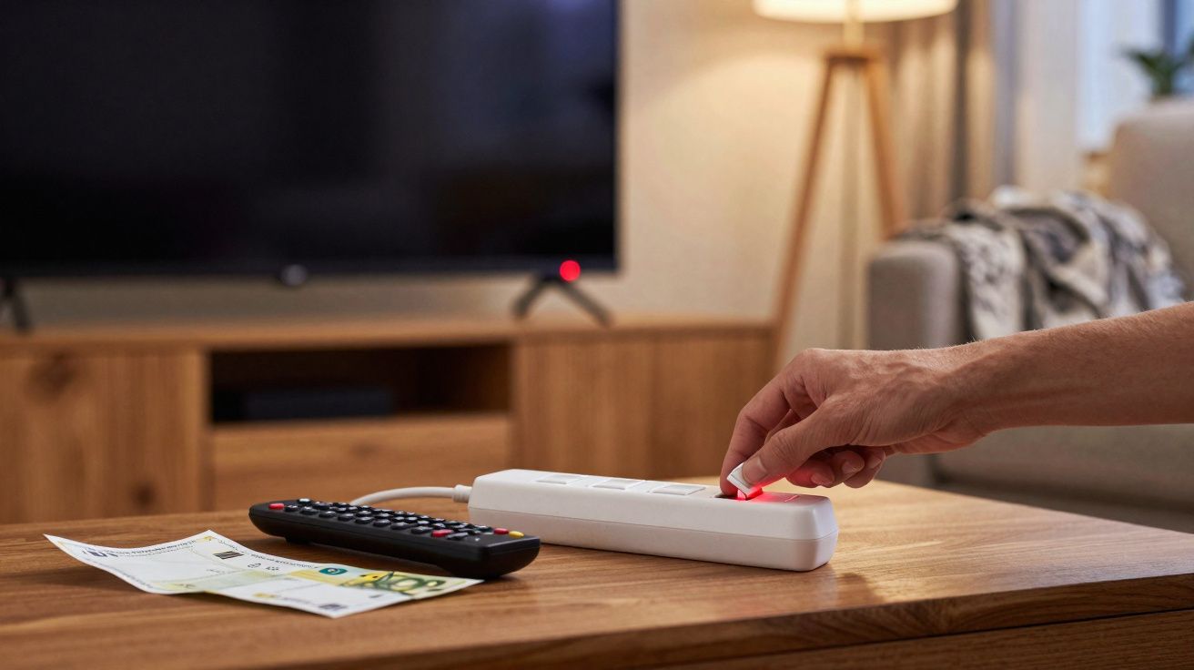 Pessoa desligando régua de energia sobre mesa com controle remoto e documentos ao lado em sala de estar.