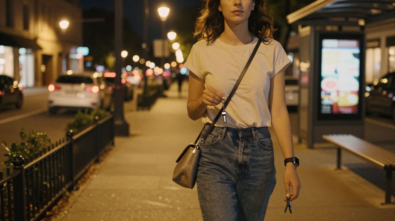 Mulher caminhando à noite na calçada urbana com luzes de rua e carros ao fundo.