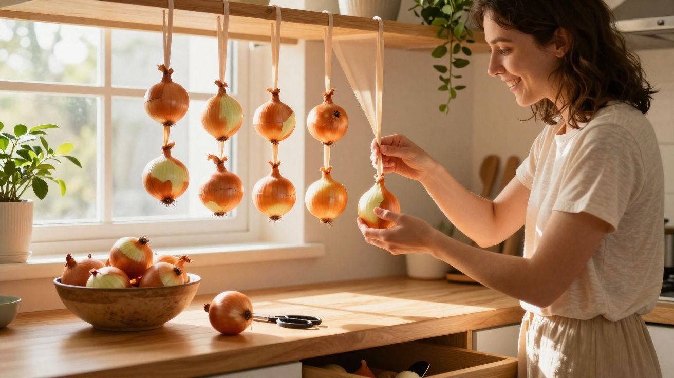 Mulher pendura cebolas em cordas em cozinha iluminada por janela com plantas e utencílios.