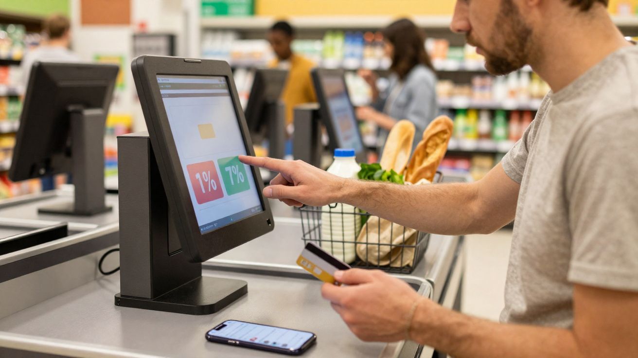 Homem usando terminal de autoatendimento no caixa de supermercado com cesta de compras e cartão.