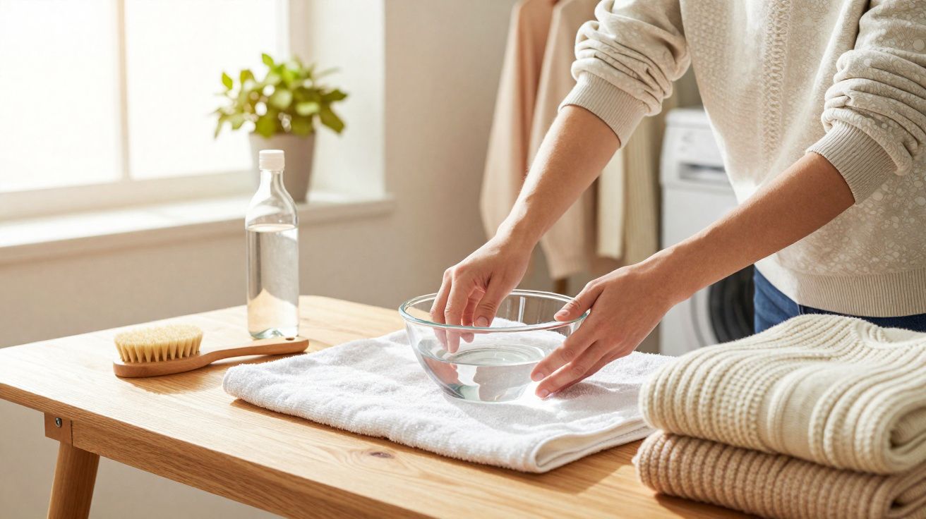 Pessoa com as mãos em uma bacia de vidro com água sobre toalha branca em mesa de madeira clara.