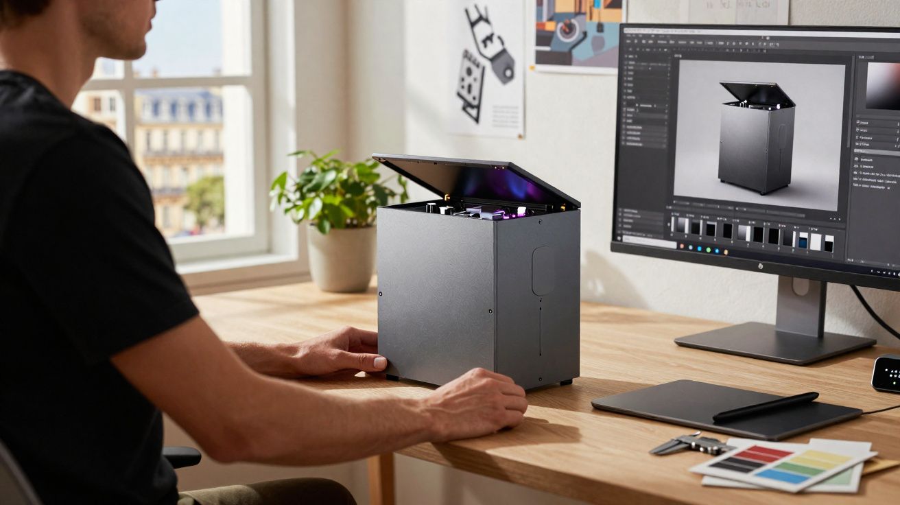 Pessoa sentada à mesa mexendo em dispositivo eletrônico cinza aberto, com tela de computador exibindo edição do mesmo disposi