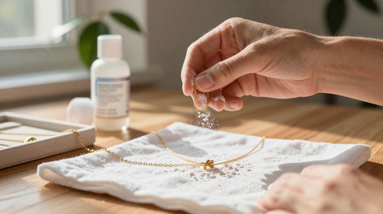 Mão polvilhando bicarbonato de sódio em correntes douradas sobre pano branco para limpeza.