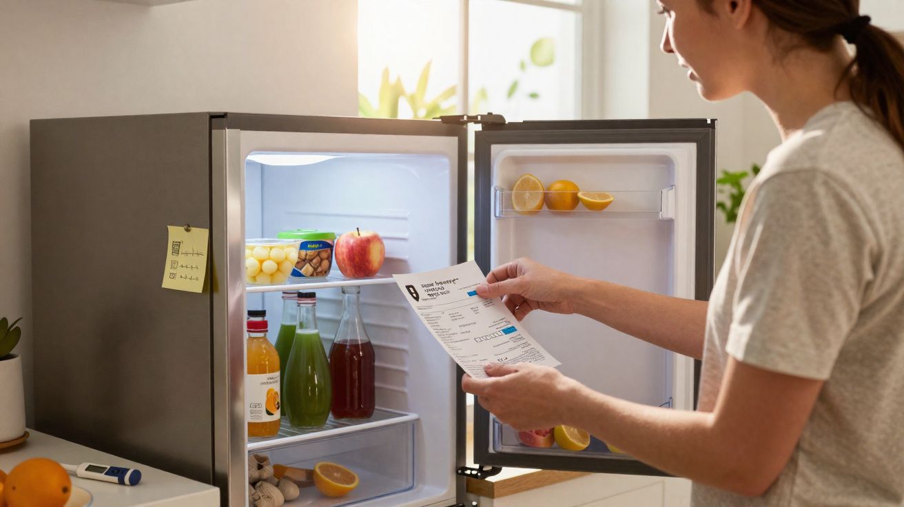 Mulher consulta lista de compras ao lado de geladeira aberta com frutas e bebidas.