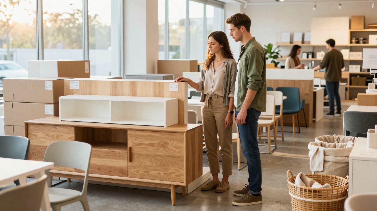 Casal jovem olhando móveis de madeira em loja de decoração com ambiente iluminado e moderno.