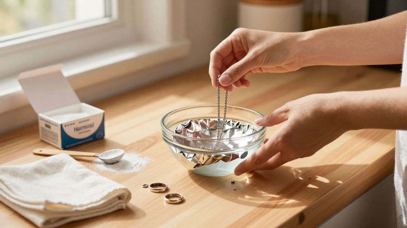 Mãos mergulhando colar em água com bicarbonato e papel alumínio para limpeza de joias.