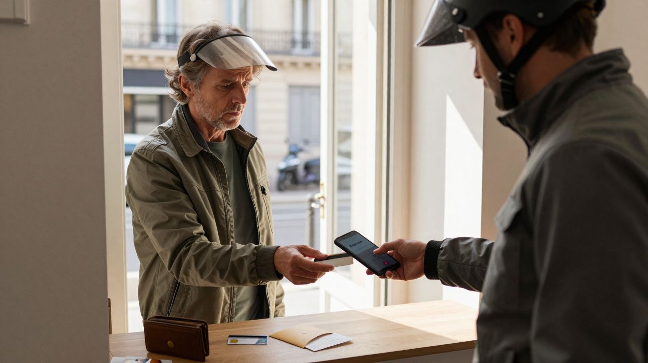 Homem entregando cartão para entregador com capacete que usa celular para pagamento digital.