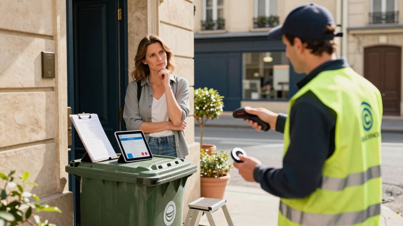 Mulher em frente à porta observando trabalhador com colete refletivo usando leitores em lixeira verde na calçada.