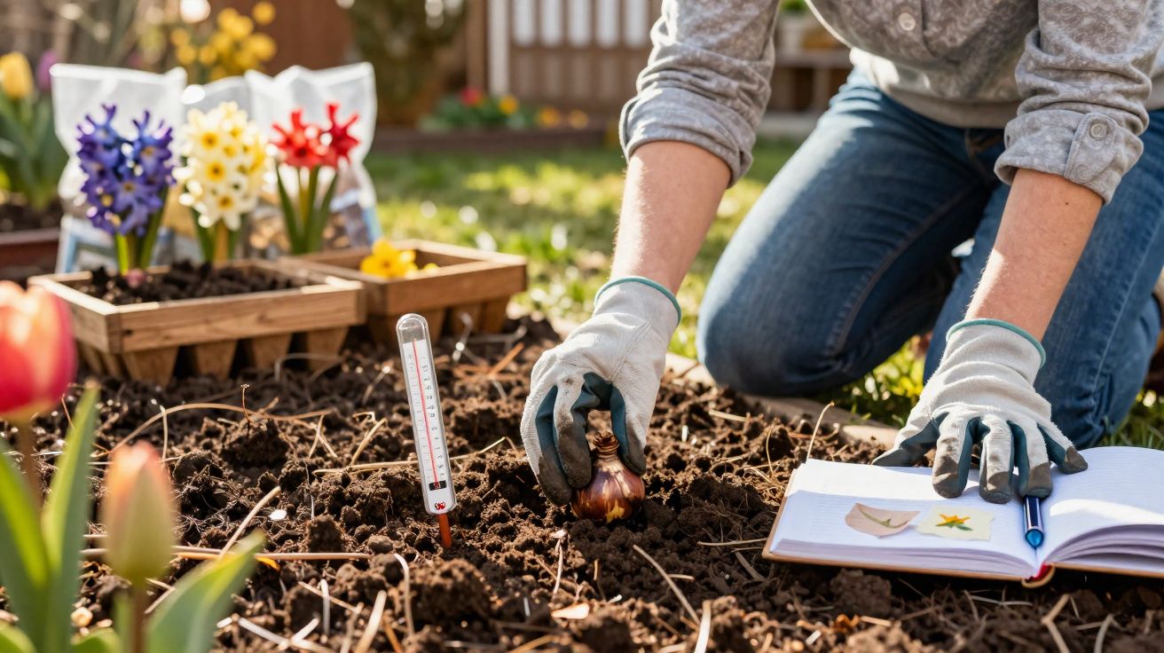 Pessoa de luvas plantando bulbo em jardim, com caderno de anotações e termômetro no solo.