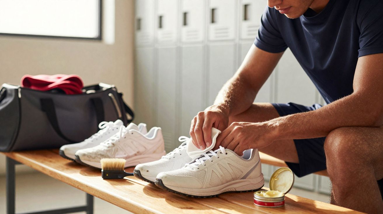 Homem limpando tênis branco sentado em banco de vestiário com mochila e spray de limpeza ao lado.