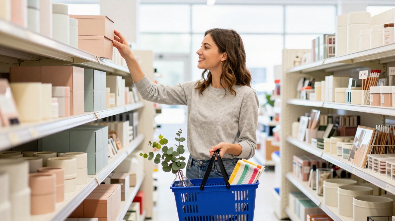 Mulher sorridente pega caixa em prateleira de loja, segurando cesta com toalha e planta.
