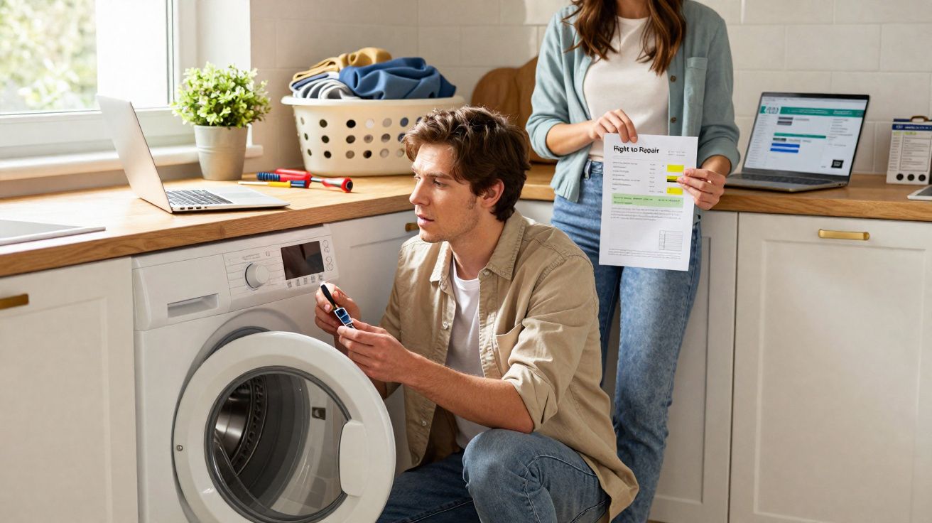 Casal verificando a temperatura de uma lavadora de roupas na cozinha com documentos e laptop ao fundo.